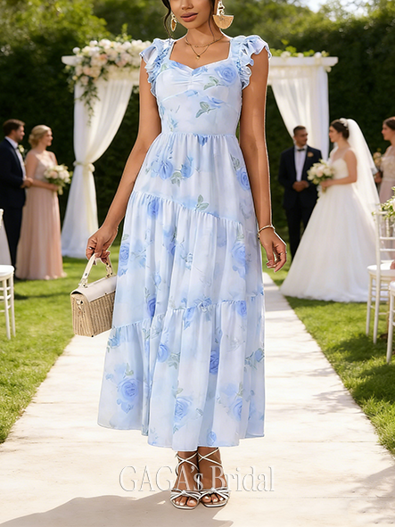 Floral Print Smocked Sweetheart Flutter Sleeve A-line Petite Chiffon Midi Wedding Guest Dress