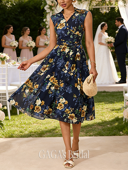 Floral Print Collared Sleeveless A-line Airy Chiffon Midi Wedding Guest Dress