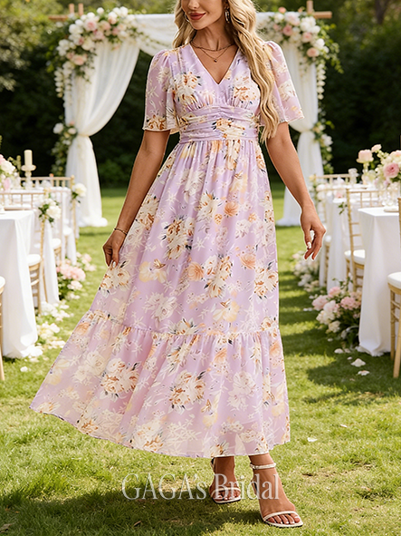 Pleated Floral Print V-Neck Short Sleeve A-line Smooth Chiffon Maxi Wedding Guest Dress