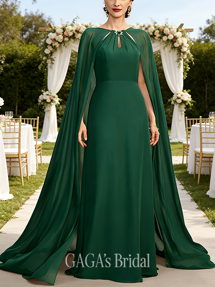 A-line Imperial Boat Neck Floor-Length Chiffon Wedding Guest Mother of the Bride Dress With Pleated Sequins Beading