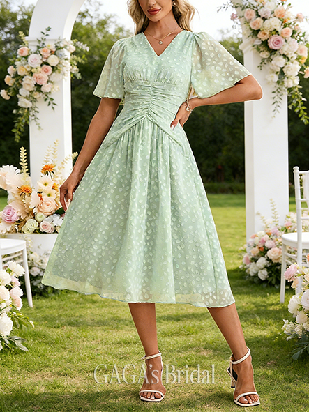 Pleated Jacquard V-Neck Short Sleeve A-line Classic Chiffon Midi Wedding Guest Dress