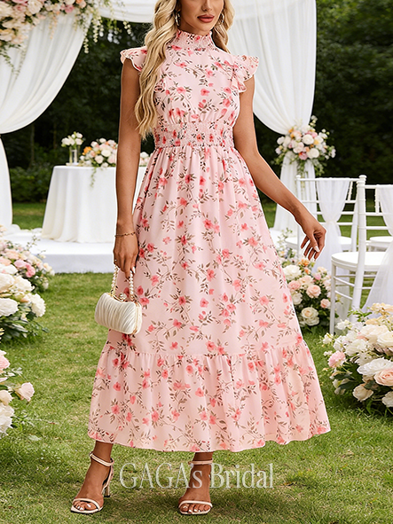 Floral Print Smocked High Neck Flutter Sleeve A-line Contemporary Chiffon Maxi Wedding Guest Dress