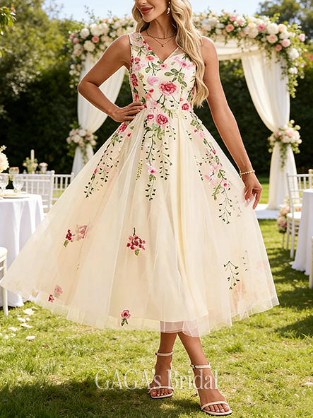 V-Neck Illusion Sleeveless A-line Retro Tulle Midi Wedding Guest Dress