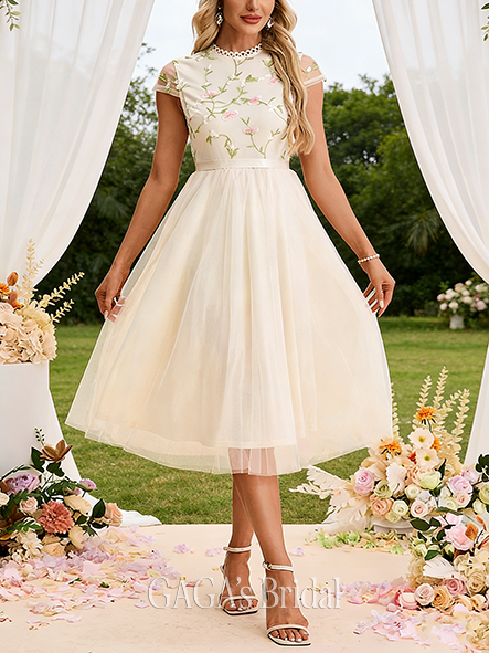 Embroidered Scoop Cap Sleeve A-line Stunning Tulle Midi Wedding Guest Dress