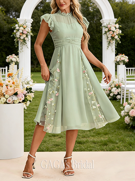 Embroidered High Neck Short Sleeve Flutter Sleeve A-line Lavish Chiffon Tulle Midi Wedding Guest Dress