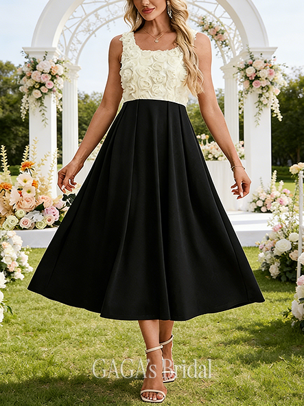 Jacquard Black and White Square Sleeveless A-line Trendy Tulle Stretch Crepe Midi Wedding Guest Dress
