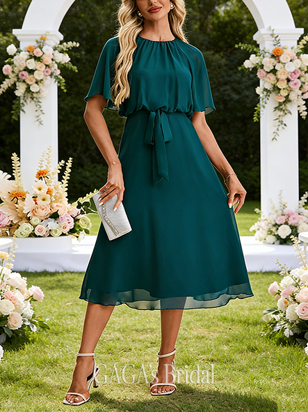 Scoop Short Sleeve A-line Noble Chiffon Midi Wedding Guest Dress