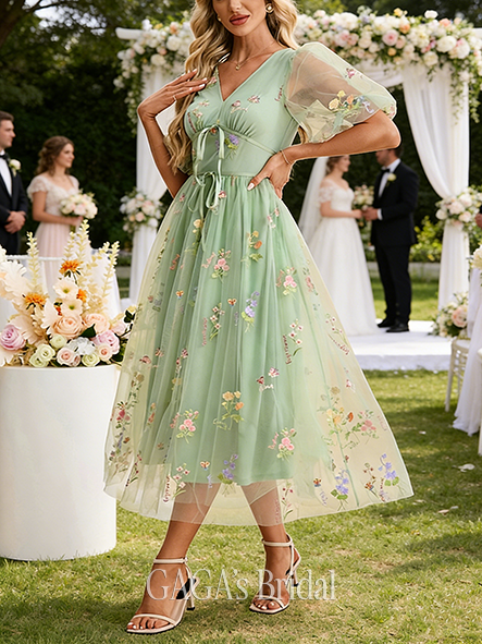 Embroidered V-Neck 1/2 Sleeve A-line Glistening Tulle Midi Wedding Guest Dress