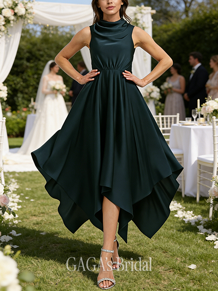A-line Sleek High Neck Asymmetrical Matte Satin Wedding Guest Bridesmaid Dress