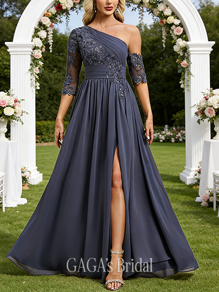 A-line Polished Asymmetrical Floor-Length Lace Chiffon Wedding Guest Evening Dress With Pleated Sequins