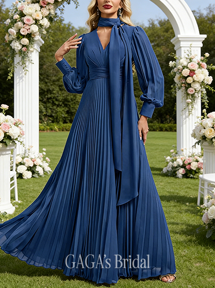 A-line Dreamy V-Neck Floor-Length Chiffon Wedding Guest Evening Dress With Pleated Sequins Beading
