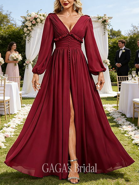 A-line Neat V-Neck Floor-Length Chiffon Wedding Guest Evening Dress With Pleated Sequins Beading