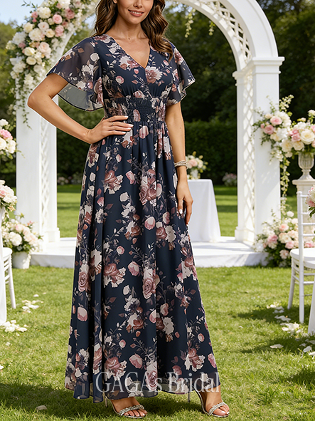 A-line Airy V-Neck Floor-Length Chiffon Wedding Guest Evening Dress With Smocked Floral Print