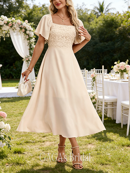 Square Short Sleeve A-line Lavish Crepe Lace Midi Wedding Guest Dress
