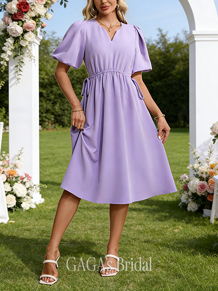 V-Neck Short Sleeve A-line Intricate Stretch Crepe Midi Wedding Guest Dress