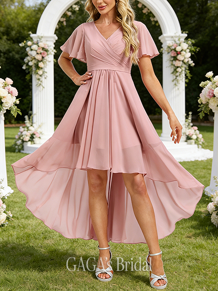 A-line Gentle V-Neck Asymmetrical Chiffon Wedding Guest Bridesmaid Dress