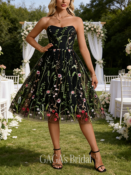 Embroidered Sweetheart Strapless A-line Neat Tulle Midi Wedding Guest Dress