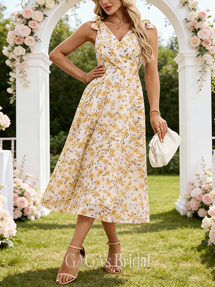 Bow Floral Print V-Neck Sleeveless A-line Rich Chiffon Midi Wedding Guest Dress
