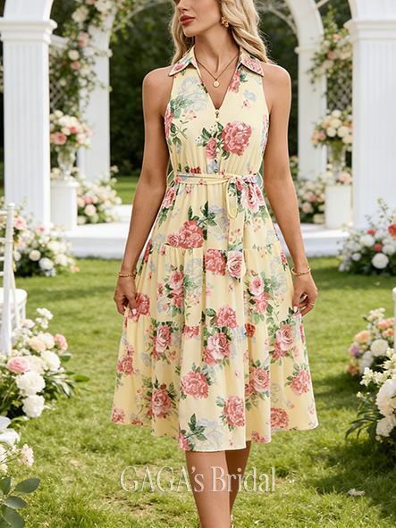 Floral Print Collared Sleeveless A-line Smooth Chiffon Maxi Wedding Guest Dress