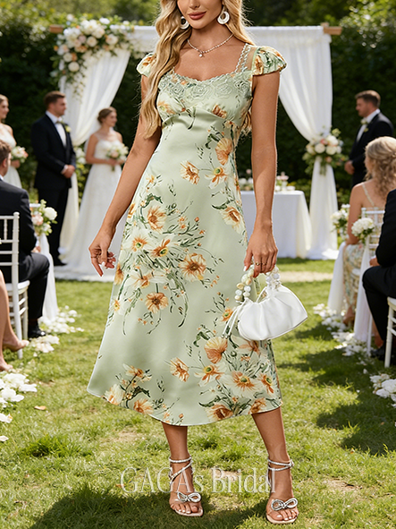 Floral Print Square Cap Sleeve A-line Classic Satin Midi Wedding Guest Dress