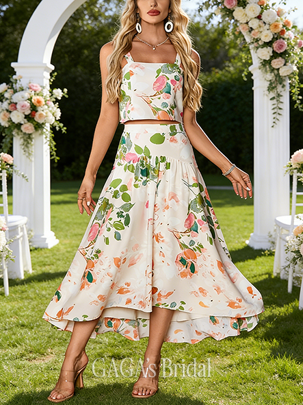 Floral Print Square Sleeveless A-line Glistening Separates Satin Maxi Wedding Guest Dress