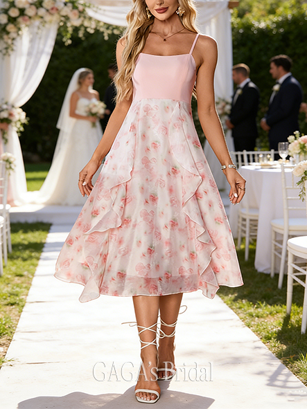 Ruffle Floral Print Square Spaghetti Straps A-line Polished Chiffon Stretch Crepe Midi Wedding Guest Dress