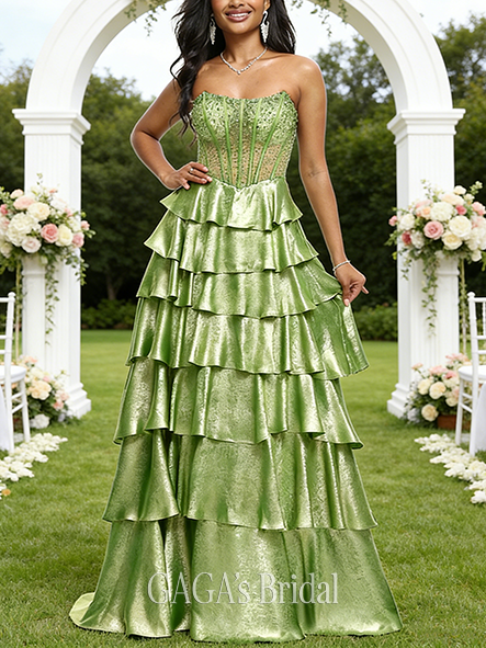 A-line Dreamy Scoop Sweep Train Metallic Wedding Guest Prom Dresses With Rhinestone Beading