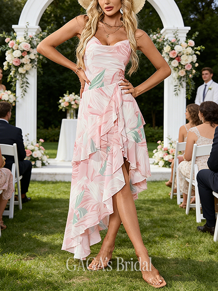 Cascading Ruffles Floral Print Cowl Spaghetti Straps A-line Gentle Chiffon Asymmetrical Maxi Wedding Guest Dress
