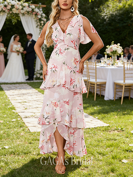 Cascading Ruffles Floral Print V-Neck Short Sleeve Flutter Sleeve A-line Neat Chiffon Maxi Wedding Guest Dress