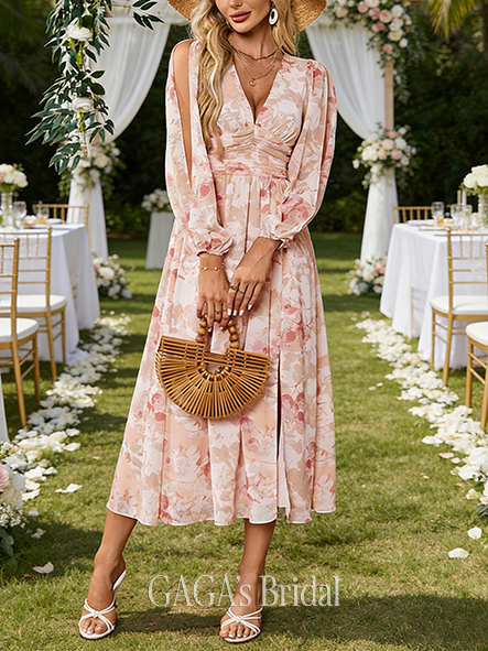 Floral Print Pleated V-Neck Long Sleeve Flutter Sleeve A-line Airy Chiffon Midi Wedding Guest Dress