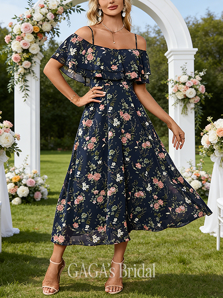 Ruffle Floral Print Off the Shoulder Short Sleeve A-line Imperial Chiffon Midi Wedding Guest Dress
