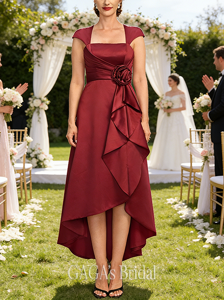 A-line Radiant Square Asymmetrical Satin Wedding Guest Mother of the Bride Dress With Pleated Beading 3D Floral