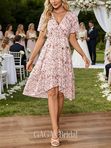 Floral Print Ruffle V-Neck Short Sleeve Flutter Sleeve A-line Stunning Spandex Midi Asymmetrical Wedding Guest Dress