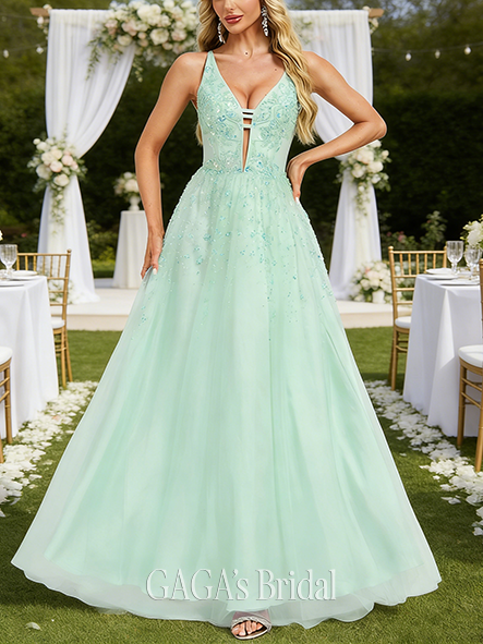 A-line Trendy V-Neck Floor-Length Tulle Wedding Guest Prom Dresses With Beading Sequins