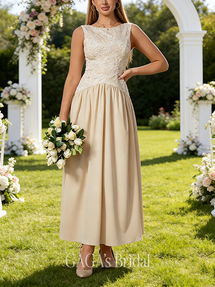 Boat Neck Sleeveless A-line Soft Crepe Jacquard Midi Wedding Guest Dress