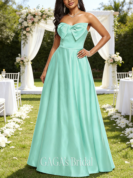 A-line Neat Sweetheart Floor-Length Satin Wedding Guest Prom Dresses With Bow