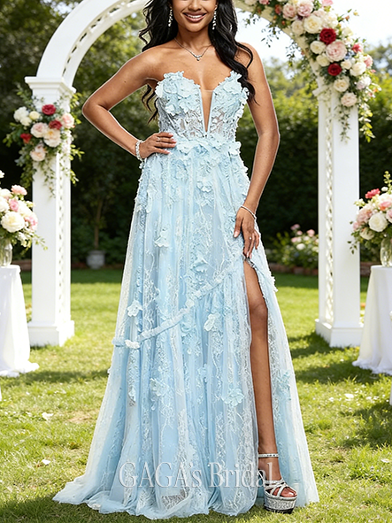 A-line Airy V-Neck Sweep Train Lace Wedding Guest Prom Dresses With Beading 3D Floral Sequins
