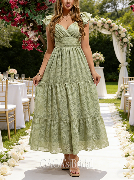 Ruffle V-Neck Sleeveless A-line Contemporary Chiffon Jacquard Maxi Wedding Guest Dress