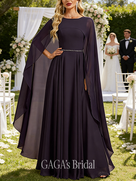 A-line Noble Scoop Floor-Length Chiffon Wedding Guest Evening Dress With Beading Cape