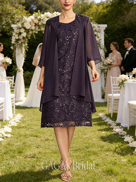 A-line Soft Scoop Knee-Length Lace Wedding Guest Mother of the Bride Dress With Sequins
