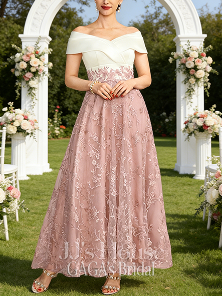 A-line Intricate Off the Shoulder Ankle-Length Satin Lace Wedding Guest Mother of the Bride Dress With Pleated Sequins