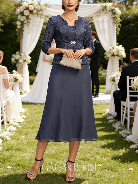 A-line Sleek Square Tea-Length Lace Chiffon Wedding Guest Mother of the Bride Dress
