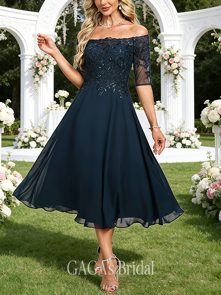 A-line Polished Off the Shoulder Tea-Length Lace Chiffon Wedding Guest Cocktail Dress With Sequins