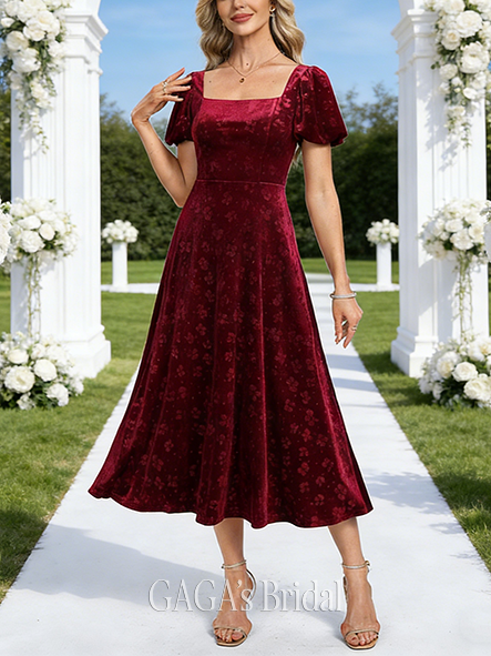 A-line Gentle Square Tea-Length Velvet Wedding Guest Cocktail Dress