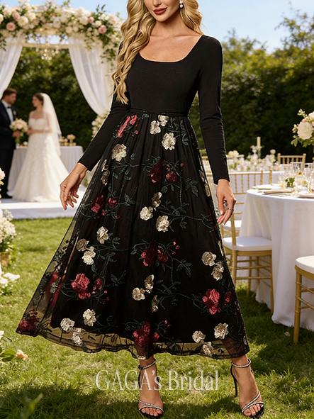 Embroidered Scoop Long Sleeve A-line Neat Tulle Stretch Crepe Maxi Wedding Guest Dress