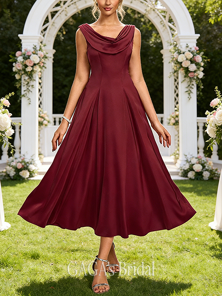 Cowl Sleeveless A-line Grand Satin Midi Wedding Guest Dress
