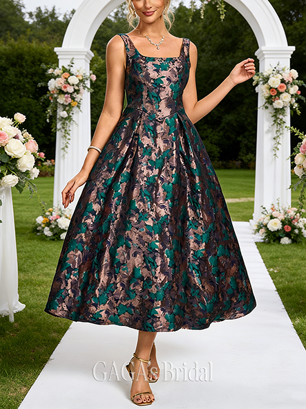 A-line Imperial Square Tea-Length Jacquard Wedding Guest Cocktail Dress