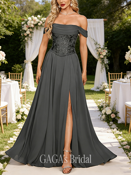 A-line Rich Off the Shoulder Floor-Length Lace Chiffon Wedding Guest Evening Dress With Pleated