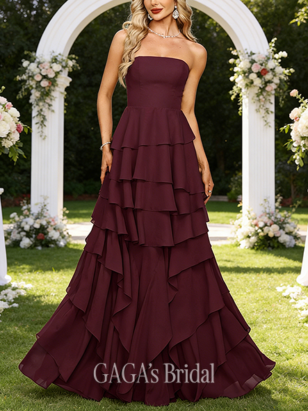 A-line Smooth Straight Floor-Length Chiffon Wedding Guest Evening Dress With Cascading Ruffles