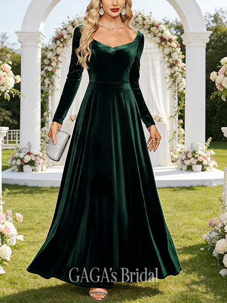 A-line Classic V-Neck Floor-Length Velvet Wedding Guest Evening Dress